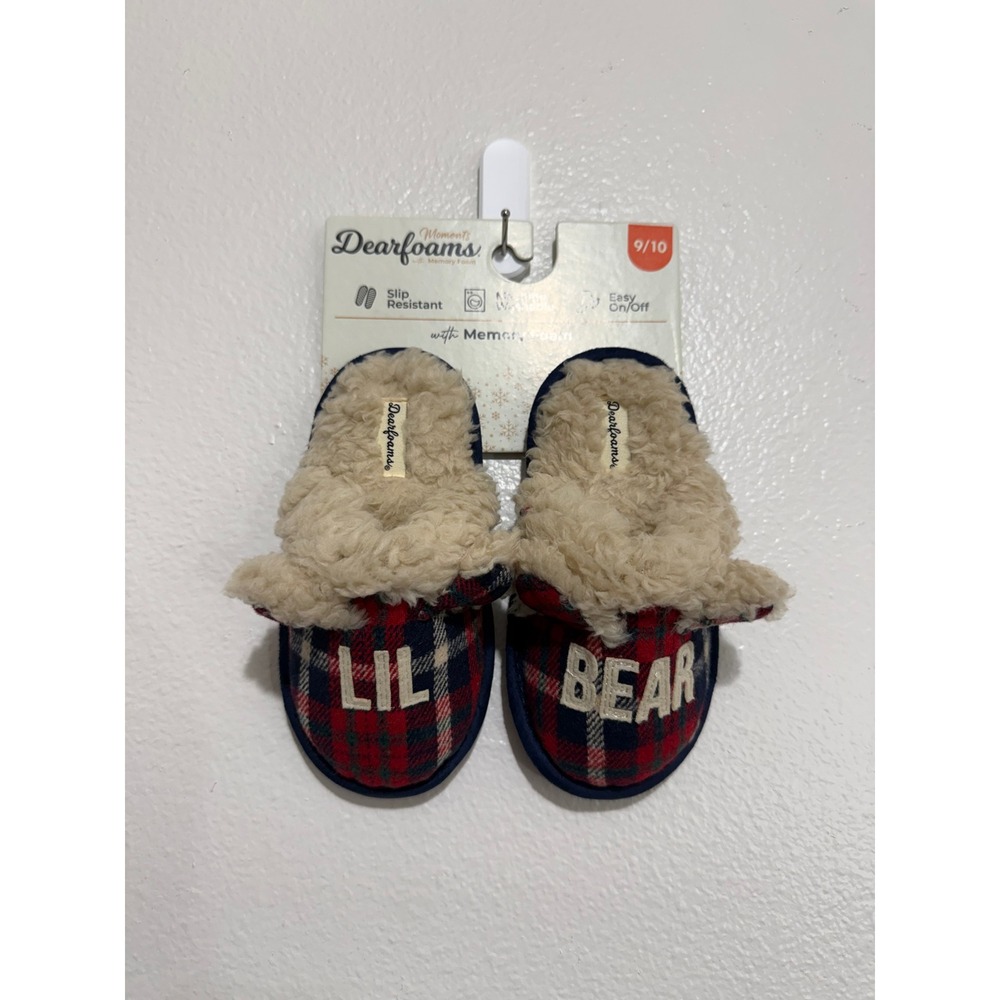 NWT Dearfoams Kids Lil Bear Plaid Fuzzy Slippers Size 9 10 Red Blue Memory Foam